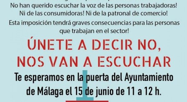CCOO convoca una concentración el 15 de junio contra la apertura comercial ilimitada en Málaga