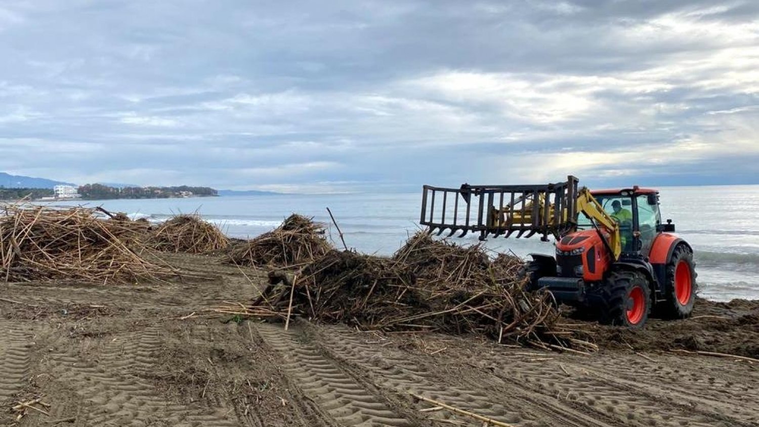 El Ayuntamiento de Estepona comienza la limpieza de las playas tras la borrasca ‘Filomena’