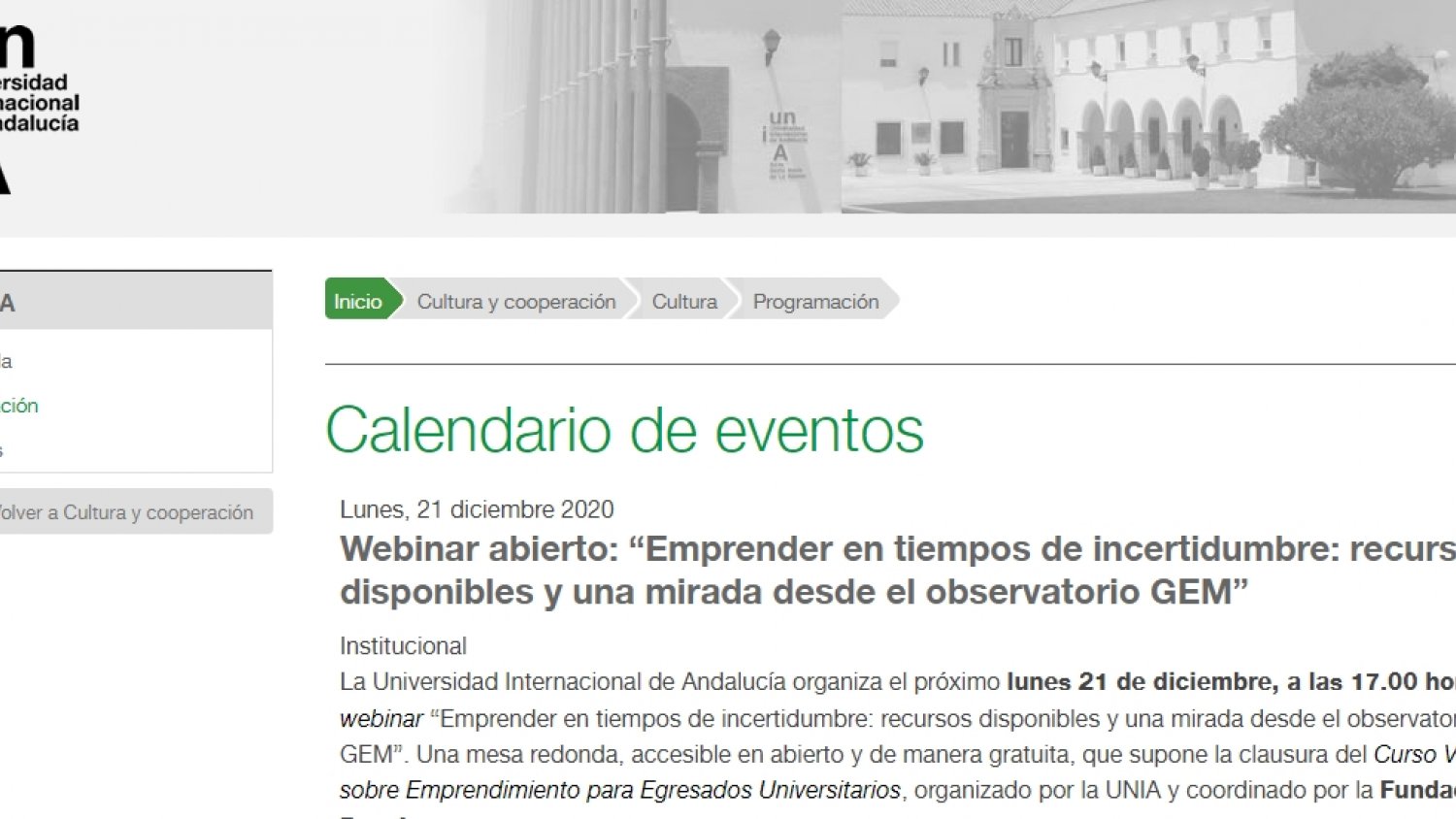 La UNIA organiza el lunes un webinar abierto sobre emprender en tiempos de incertidumbre