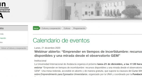 La UNIA organiza el lunes un webinar abierto sobre emprender en tiempos de incertidumbre