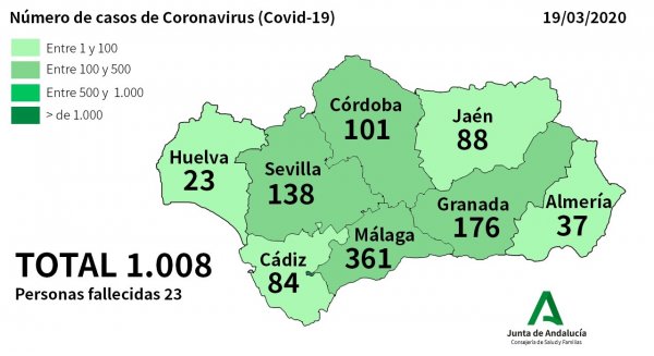Andalucía suma ya 1.008 afectados por coronavirus, Málaga tiene un total de 361 positivos