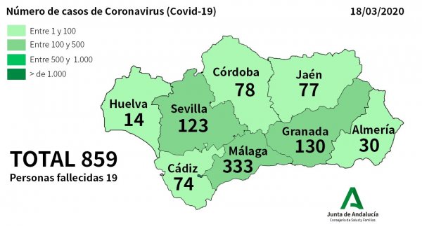 El número total de afectados por coronavirus en Málaga asciende a 333, Andalucía registra 859 casos