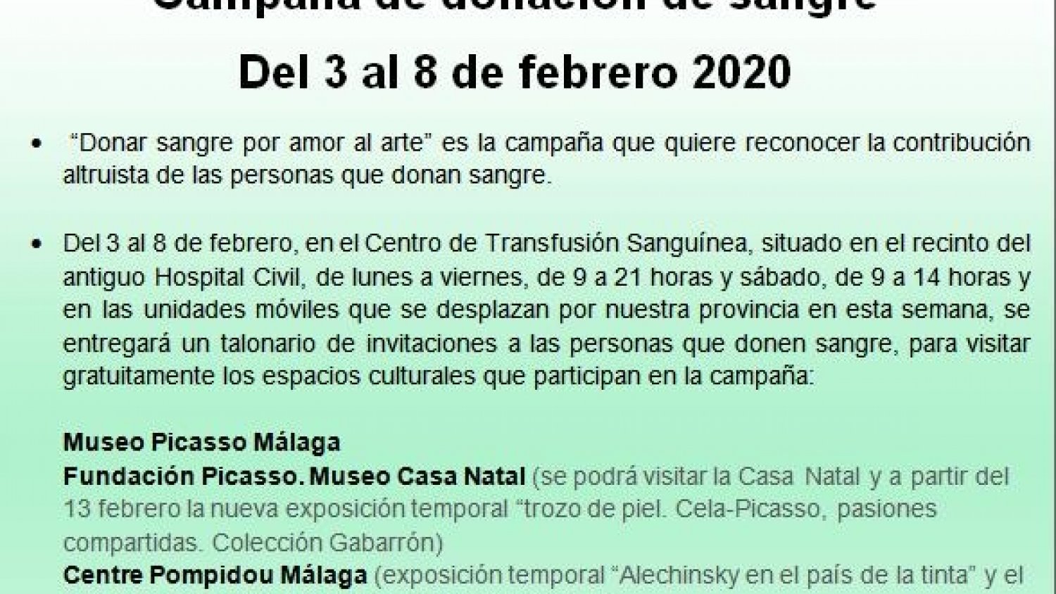 El lunes arranca en Málaga una campaña de donación de sangre que regalará entradas para todos los museos