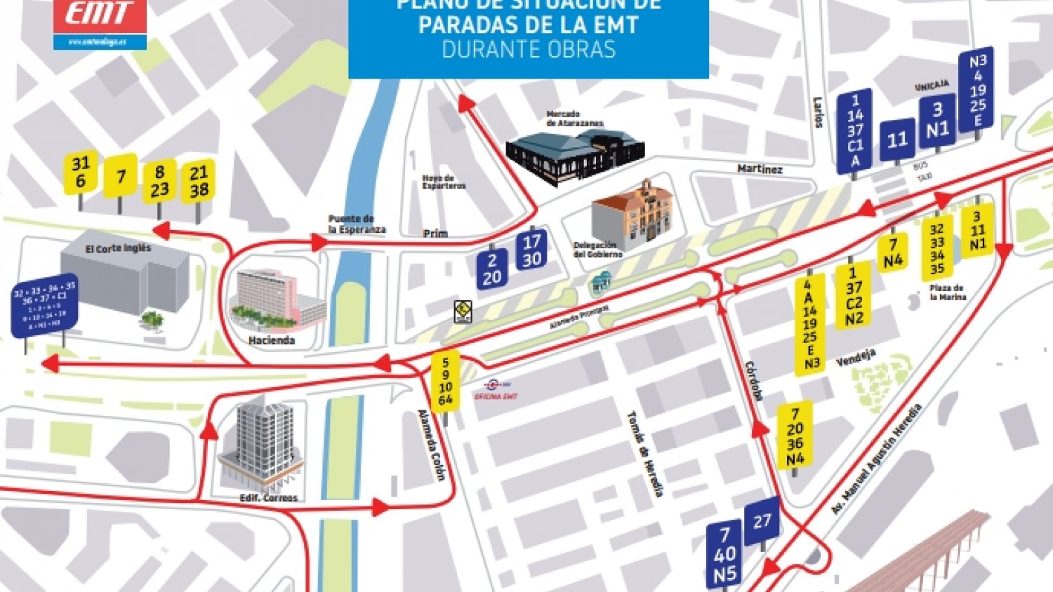 La mayoría de las paradas de la EMT en el lateral sur de la Alameda Principal se trasladan este miércoles debido a las obras