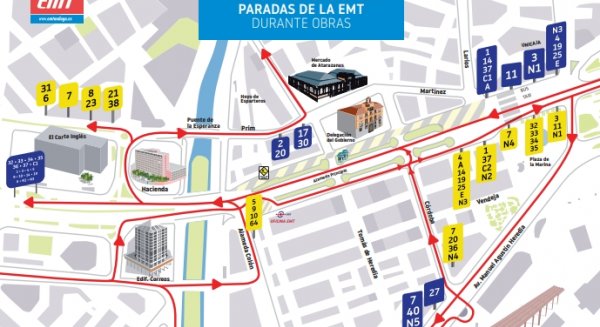 La mayoría de las paradas de la EMT en el lateral sur de la Alameda Principal se trasladan este miércoles debido a las obras