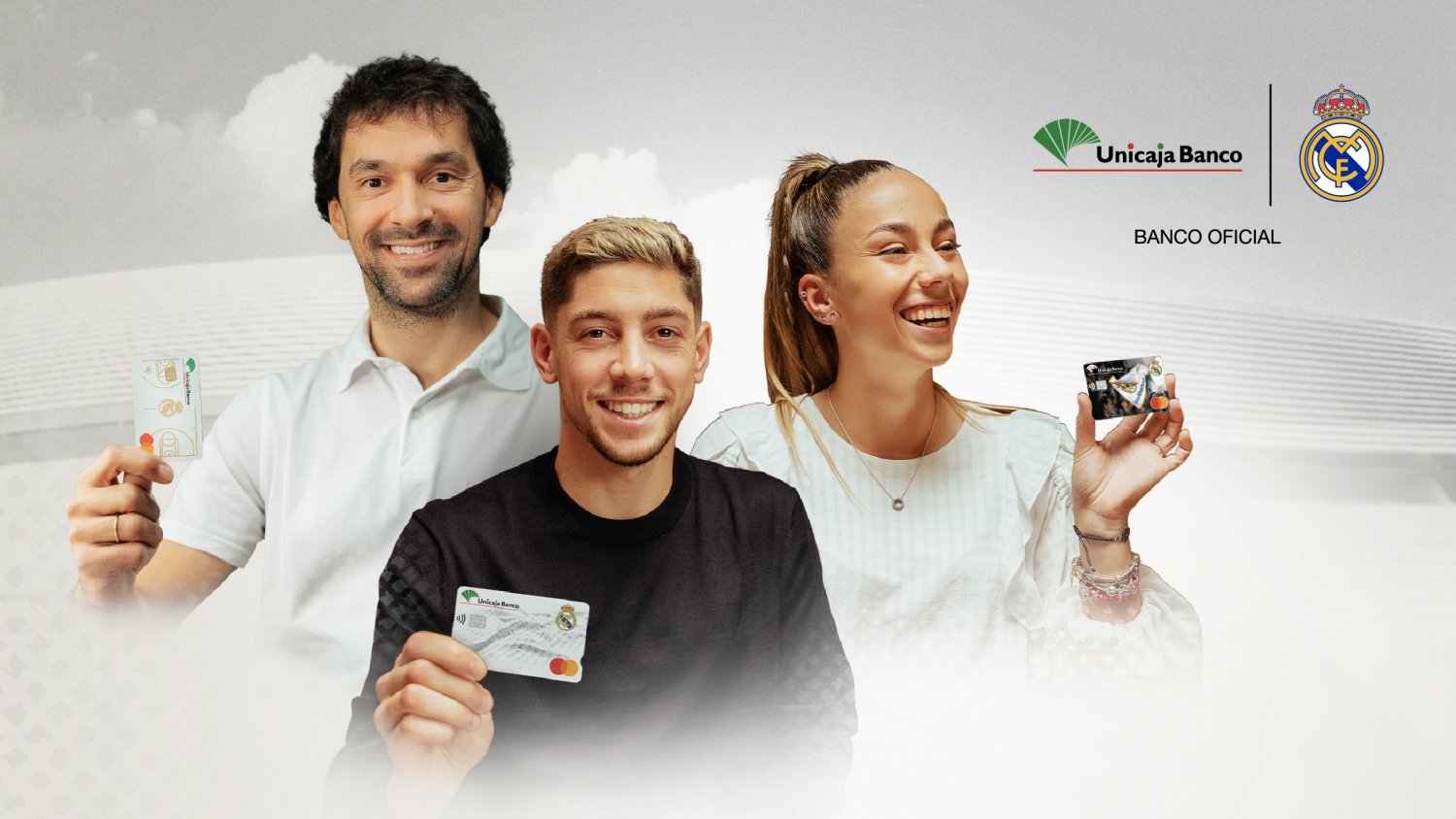 Valverde, Rodrygo, Athenea y Llull, protagonistas de la nueva campaña de Tarjetas Real Madrid de Unicaja Banco