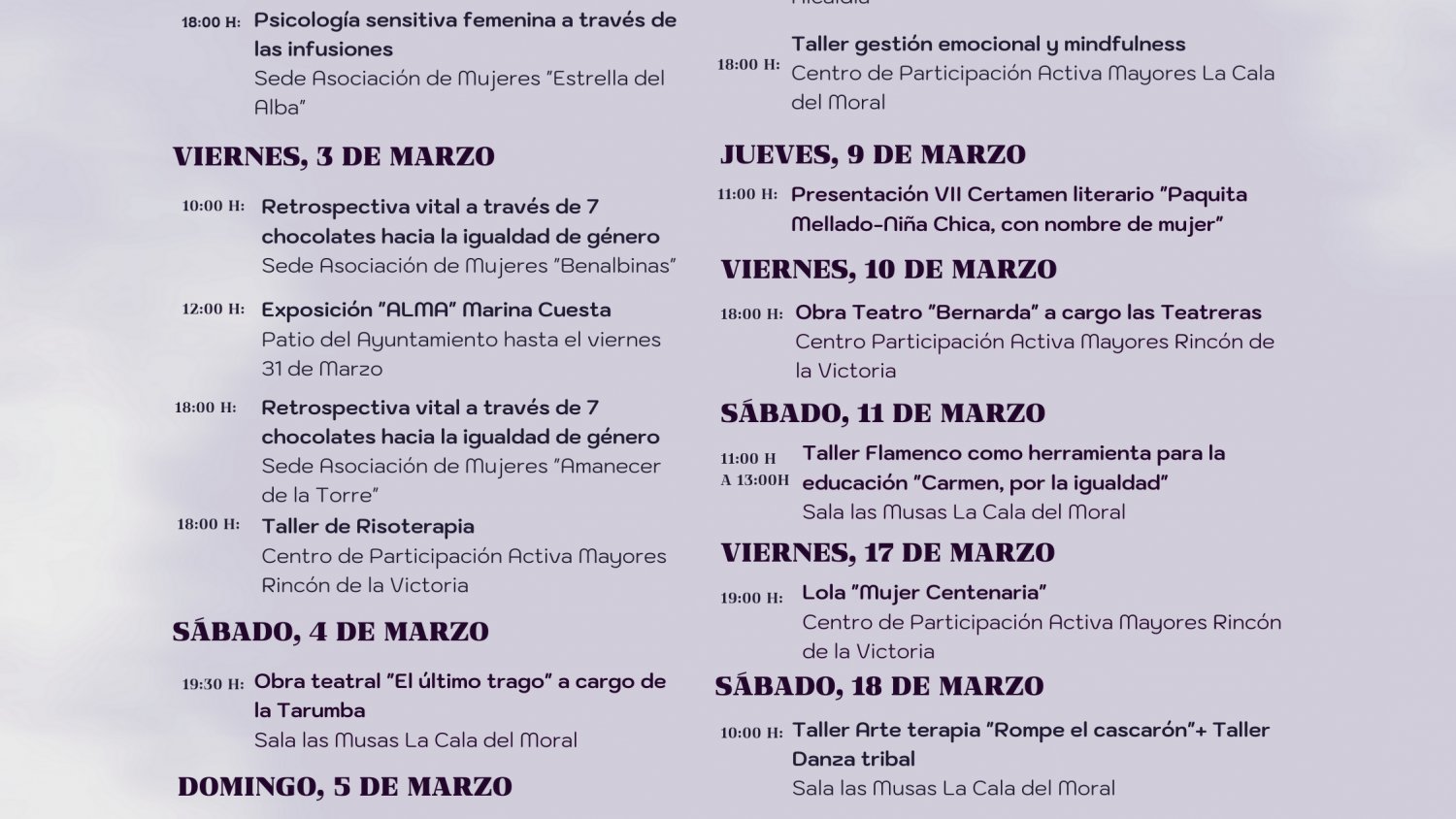 El Área de Mujer e Igualdad de Rincón de la Victoria presenta la programación de actividades para el 8M