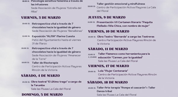 El Área de Mujer e Igualdad de Rincón de la Victoria presenta la programación de actividades para el 8M