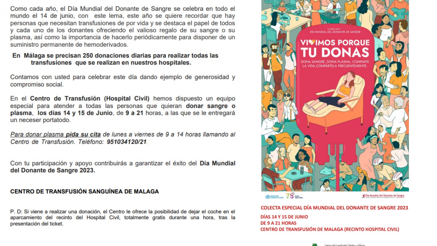 El Centro de Transfusión, Tejidos y Células de Málaga celebra una colecta especial de sangre y plasma
