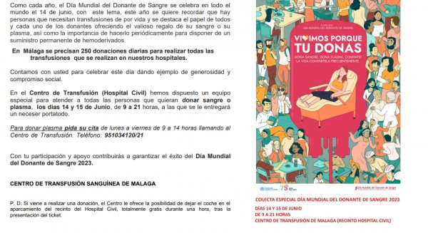 El Centro de Transfusión, Tejidos y Células de Málaga celebra una colecta especial de sangre y plasma