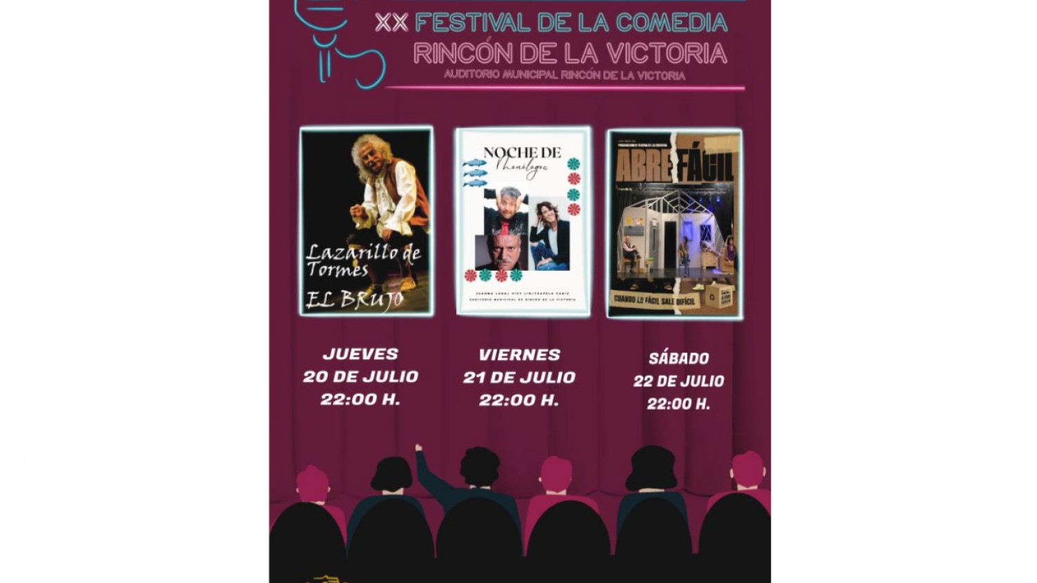 Rincón de la Victoria celebrará su XX Festival de la Comedia del 20 al 22 de julio con tres espectáculos de primer nivel 