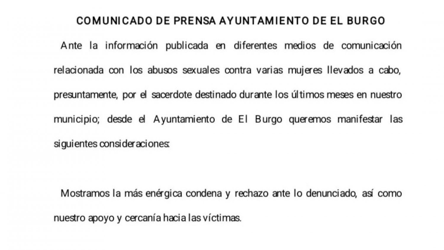 El Ayuntamiento de El Burgo condena los presuntos abusos sexuales a mujeres del sacerdote del municipio