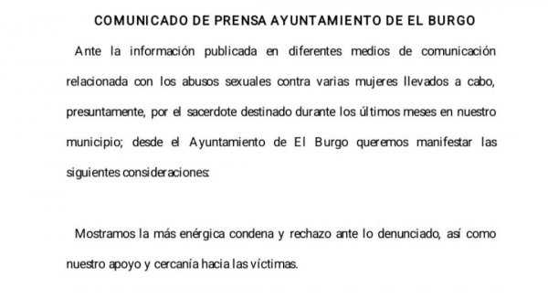 El Ayuntamiento de El Burgo condena los presuntos abusos sexuales a mujeres del sacerdote del municipio