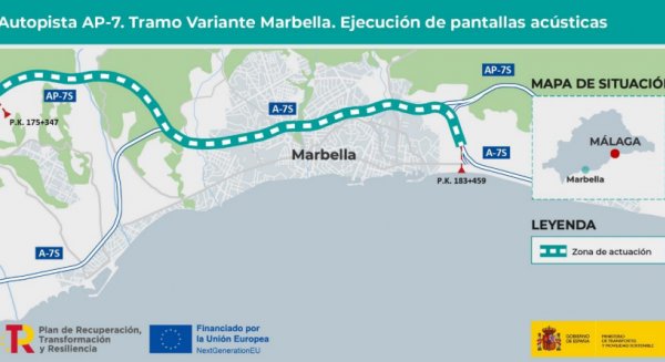 Licitadas por 15,8M€ las obras para mitigar el ruido en la autopista AP-7, en el tramo de la Variante de Marbella