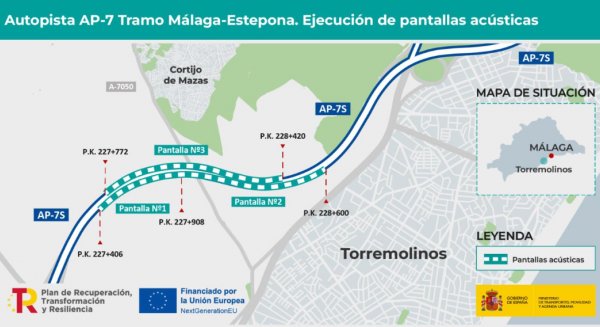 Transportes adjudica por 3,3M€ las obras para mitigar el ruido en la autopista AP-7 en el tramo Málaga-Estepona