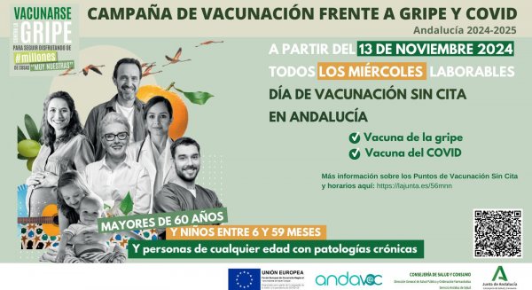 Andalucía vacunará contra la gripe sin cita todos los miércoles a la población diana en 623 puntos
