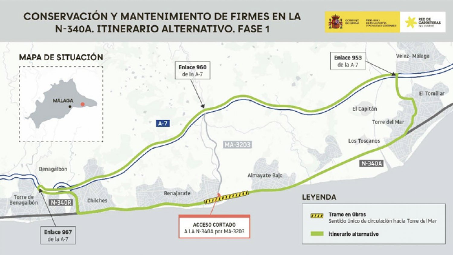 Transportes progresa con las obras de  mejora de la carretera N-340A entre Benajarafe y Torre del Mar 