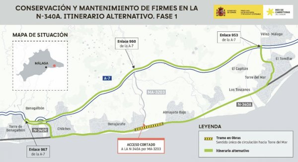 Transportes progresa con las obras de  mejora de la carretera N-340A entre Benajarafe y Torre del Mar 