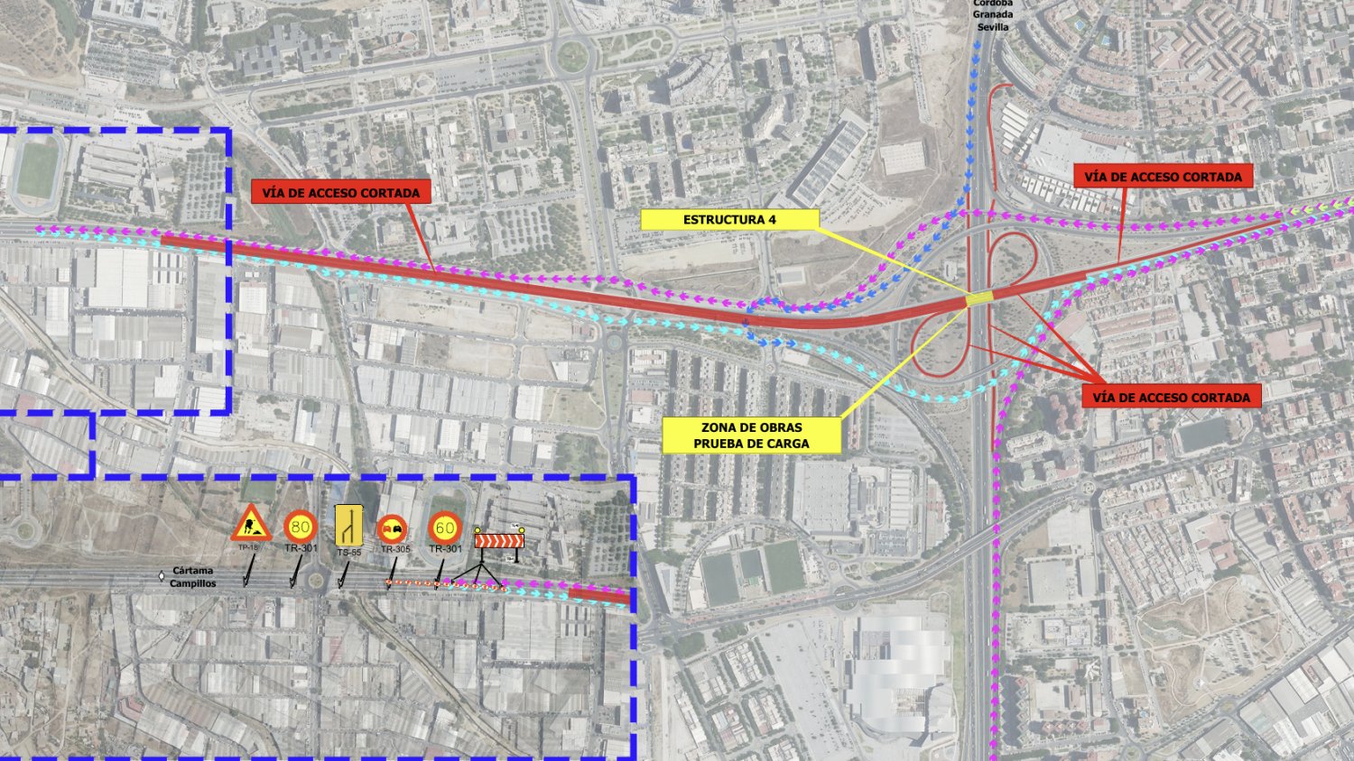 Corte nocturno de la A-357 en su acceso a Málaga por las pruebas de carga de las estructuras del carril Bus Vao