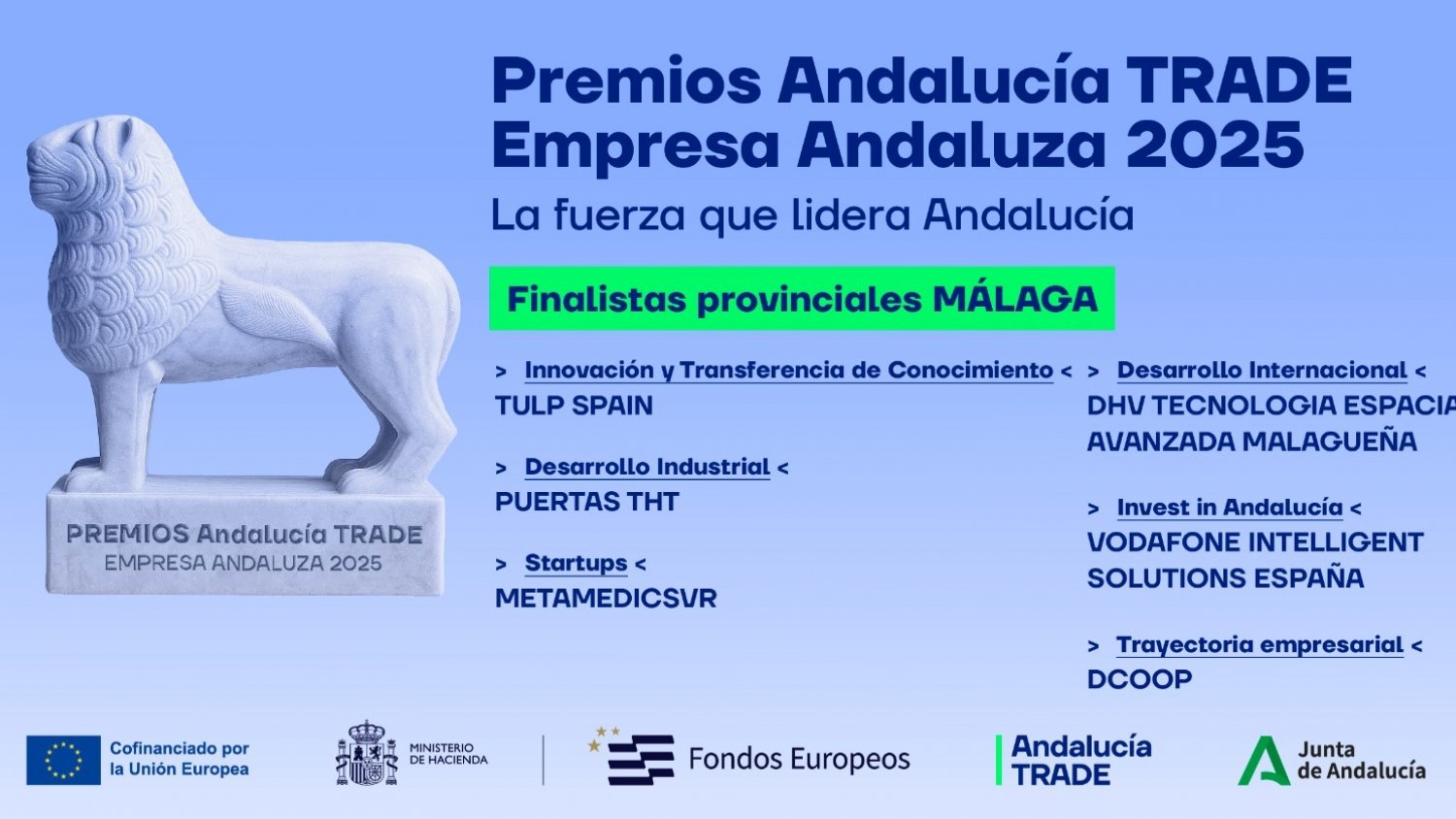 Dcoop, Vodafone, DHV, MetaMedicsVR, Puertas THT y TUPL Spain, finalistas por Málaga en los ‘Premios Andalucía TRADE Empresa Andaluza del Año 2025’