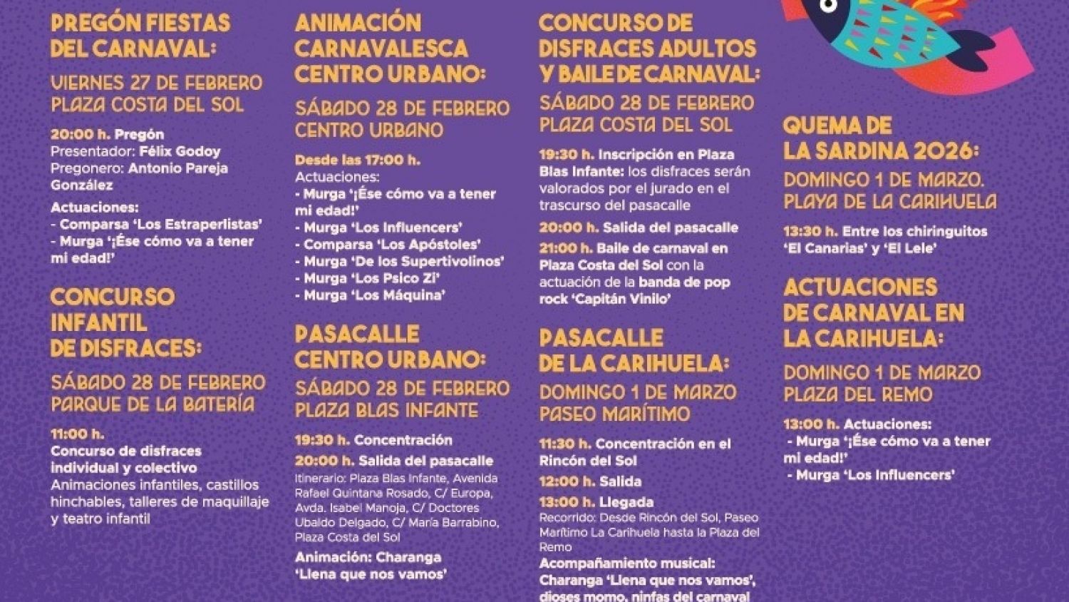 Estepona realiza cambios en el programa de actividades del Carnaval 2026 debido a las lluvias