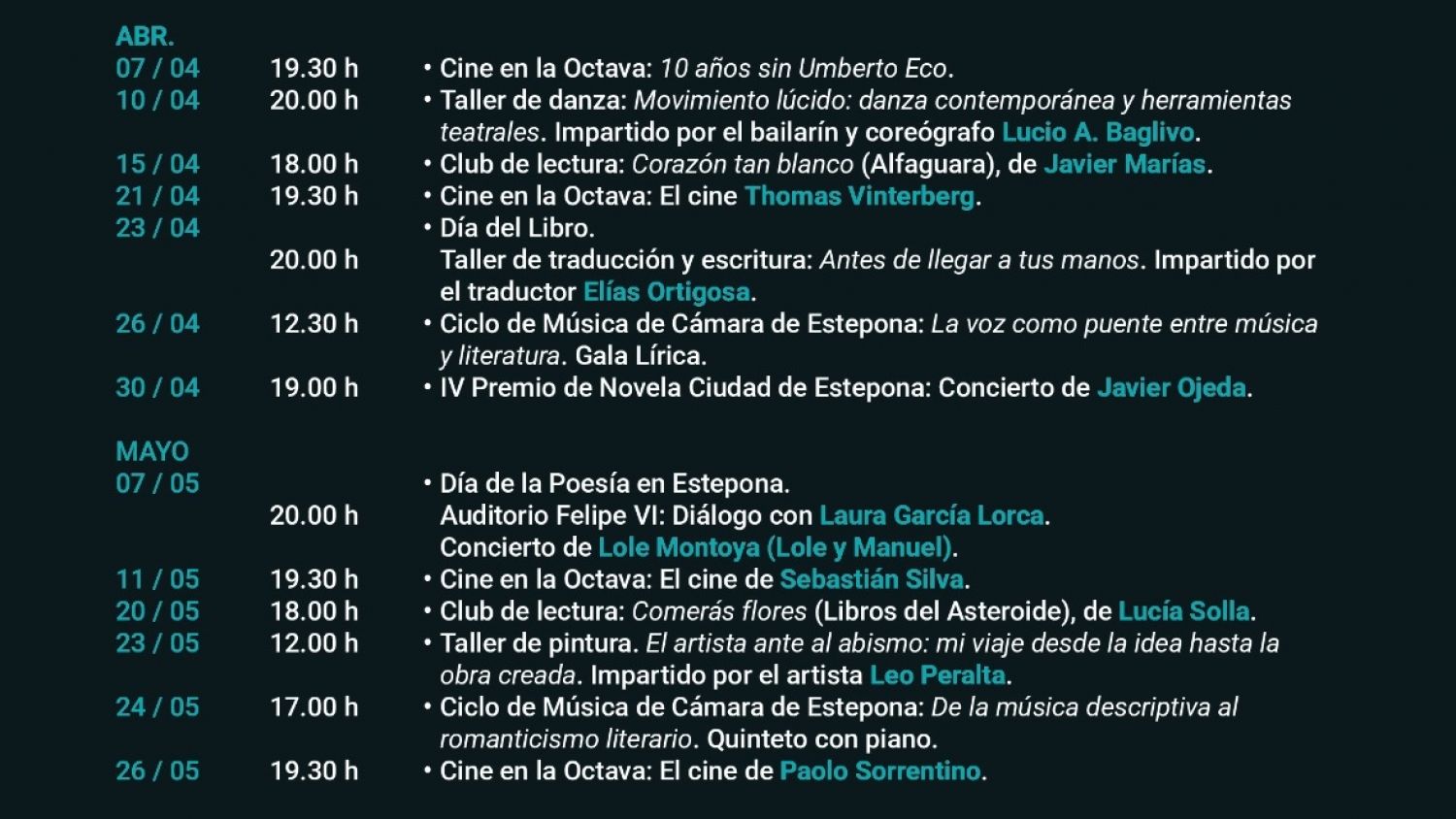 La Biblioteca de Culturas Contemporáneas de Estepona comienza mañana su programación del segundo trimestre del año