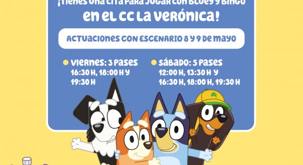 Los personajes de la serie Bluey llegan al centro comercial La Verónica para un espectáculo gratuito el 8 y 9 de mayo