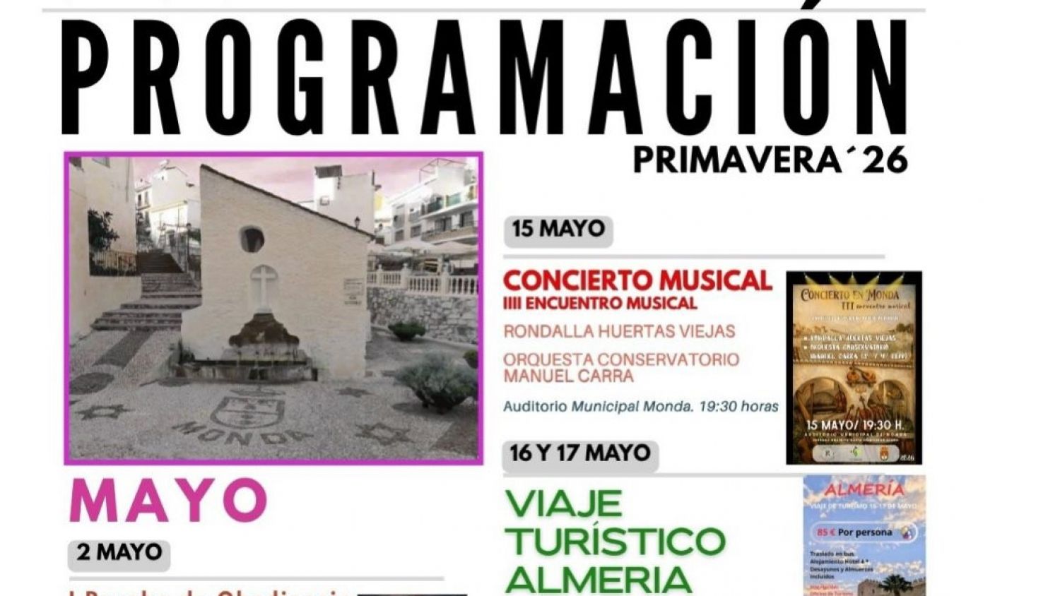 Monda presenta una variada programación cultural para mayo con música, talleres y la Romería de San Roque